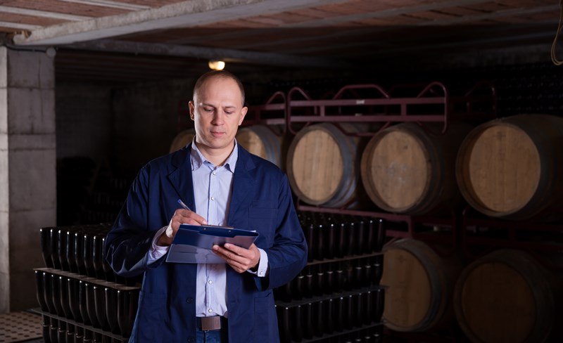 Winemaker controlling production wine in winery vault, noting in notebook